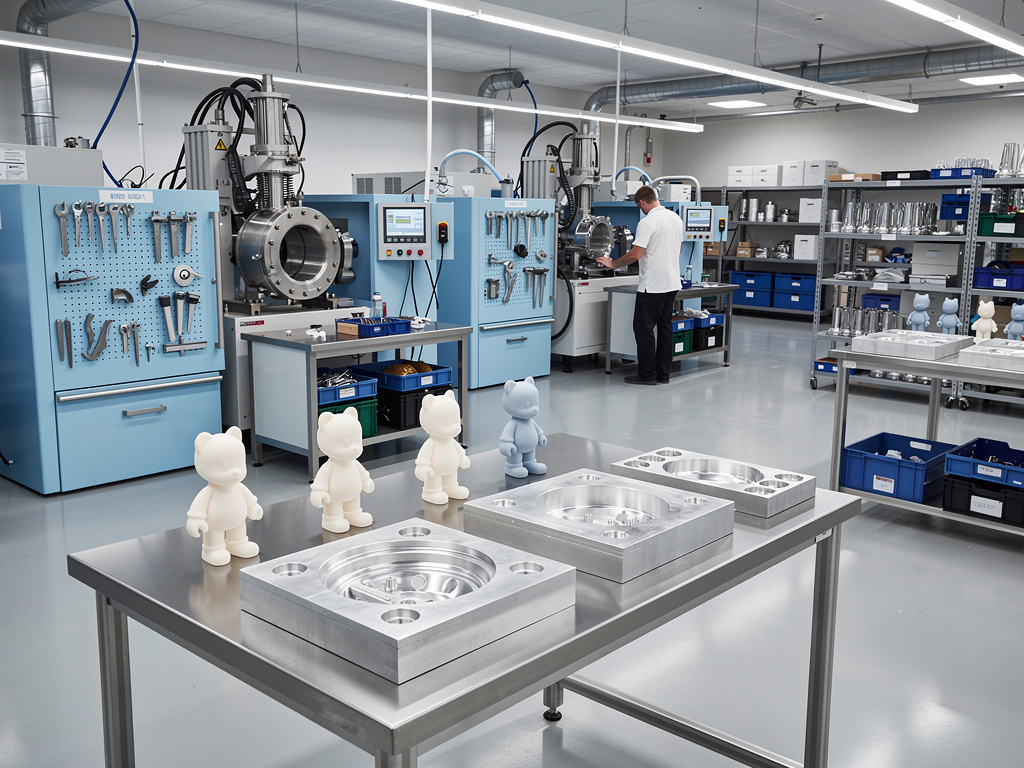 Laboratorio de fabricación de moldes con maquinaria industrial, herramientas y prototipos de figuras de plástico