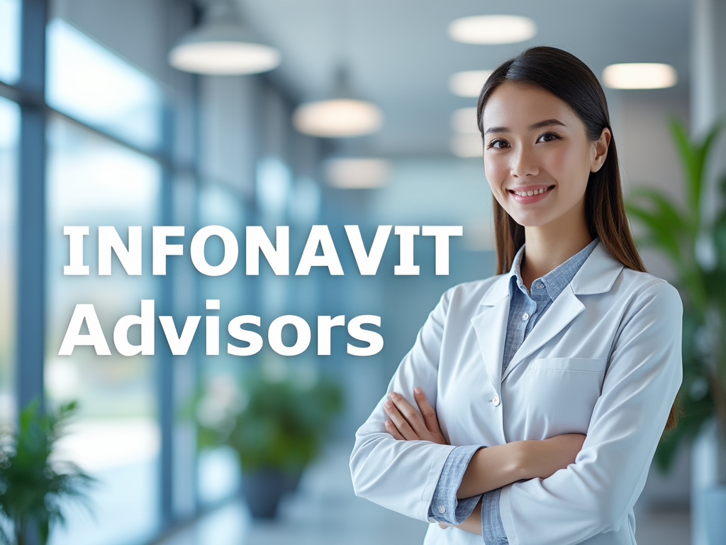 Mujer profesional sonriente con bata blanca, fondo de oficina moderna con texto 'INFONAVIT Advisors'.