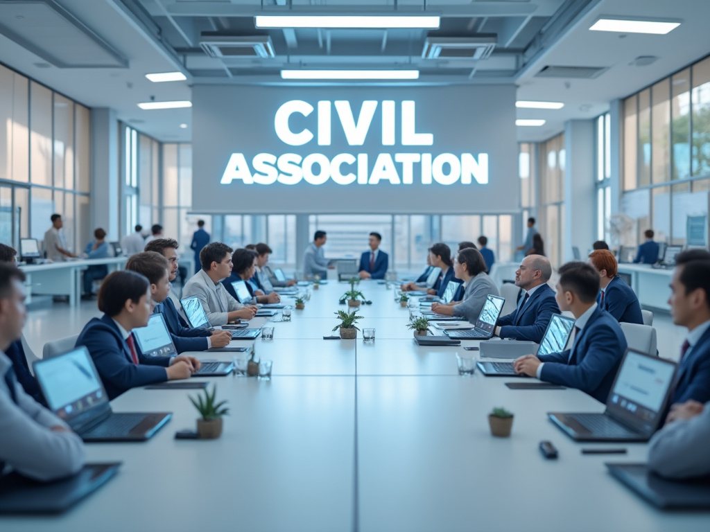 Reunión de una asociación civil en una sala de conferencias moderna con participantes usando portátiles.