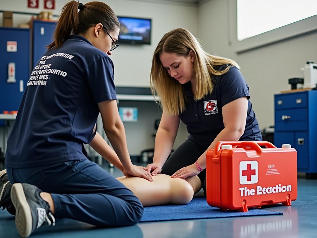 Two individuals performing first aid training on a mannequin, with a red first aid kit nearby, in a classroom setting.