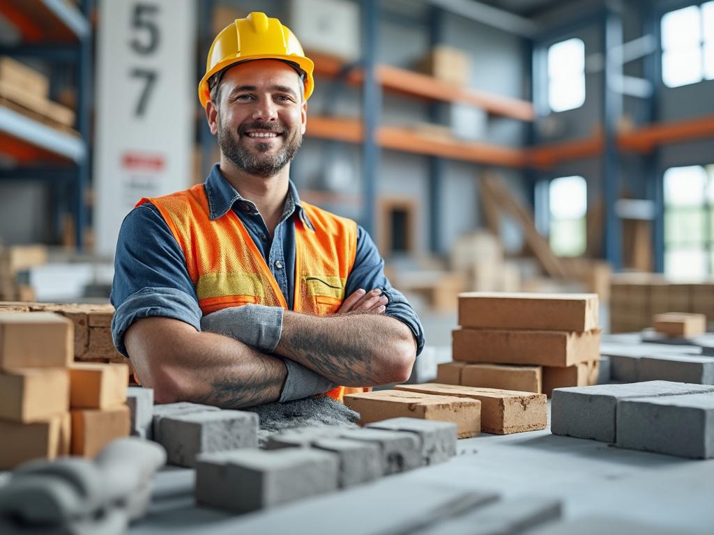 Trabajador de la construcción con casco y chaleco de seguridad, en almacén rodeado de ladrillos.