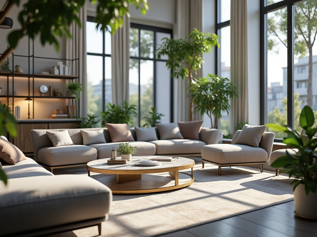 Sala moderna con sofás grises, mesa de centro redonda, plantas interiores y grandes ventanales.