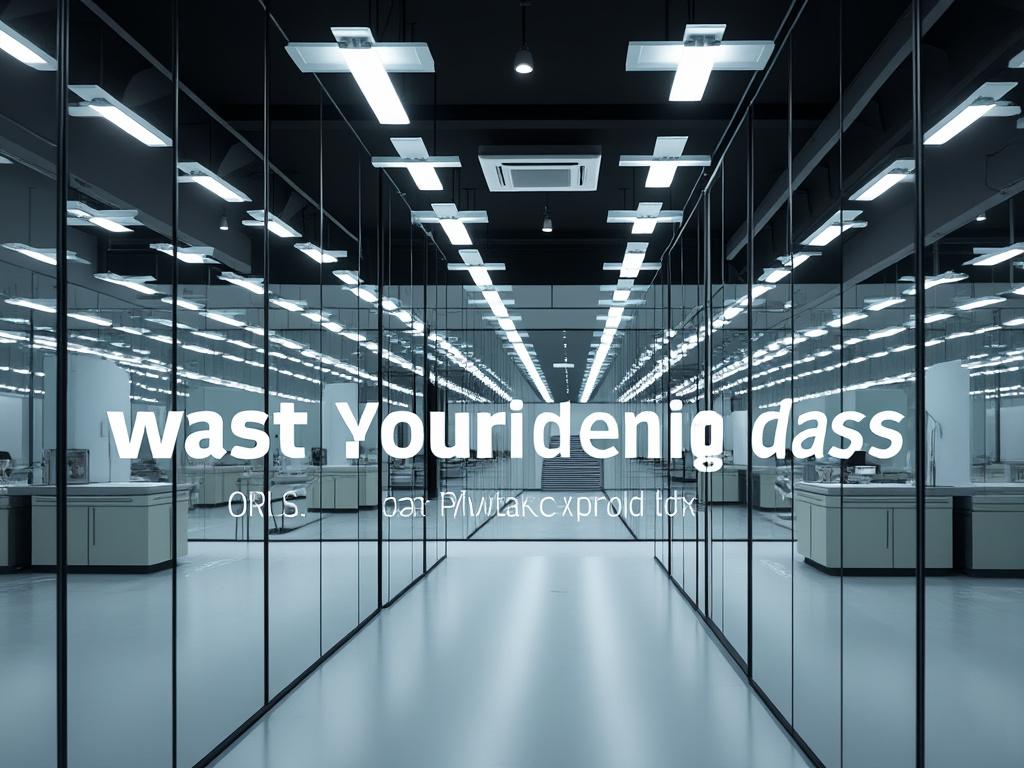 Sala moderna con paredes de cristal, luces LED y texto distorsionado reflejado.