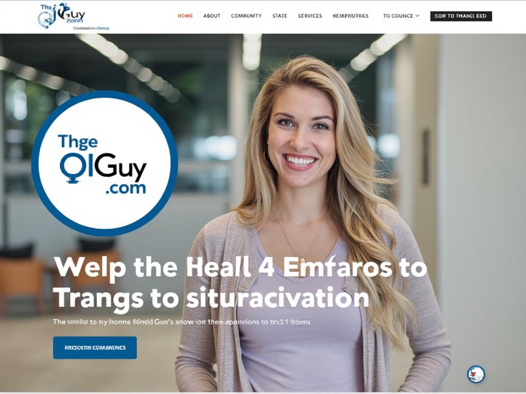 Smiling woman in a modern office setting with website text promoting community and services.