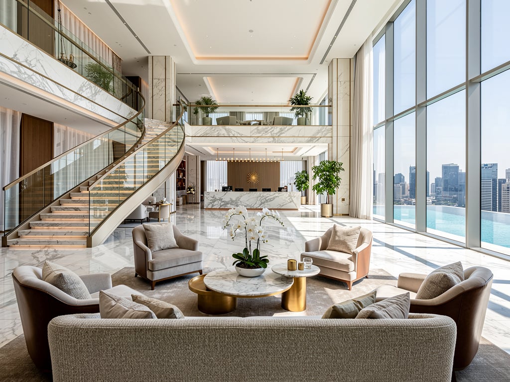 Lujoso vestíbulo de hotel moderno con escalera de mármol, ventanales panorámicos, zona de estar elegante y vistas a la ciudad