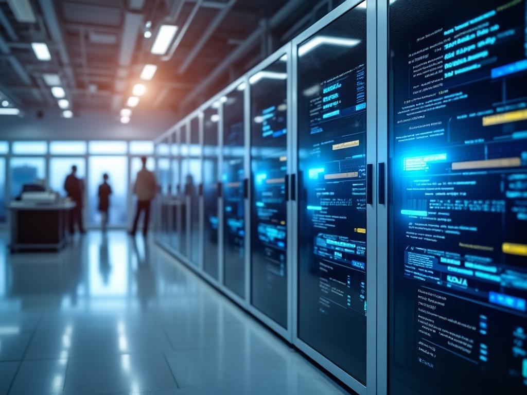 Sala de servidores con racks de computadoras iluminados y personas difuminadas al fondo.