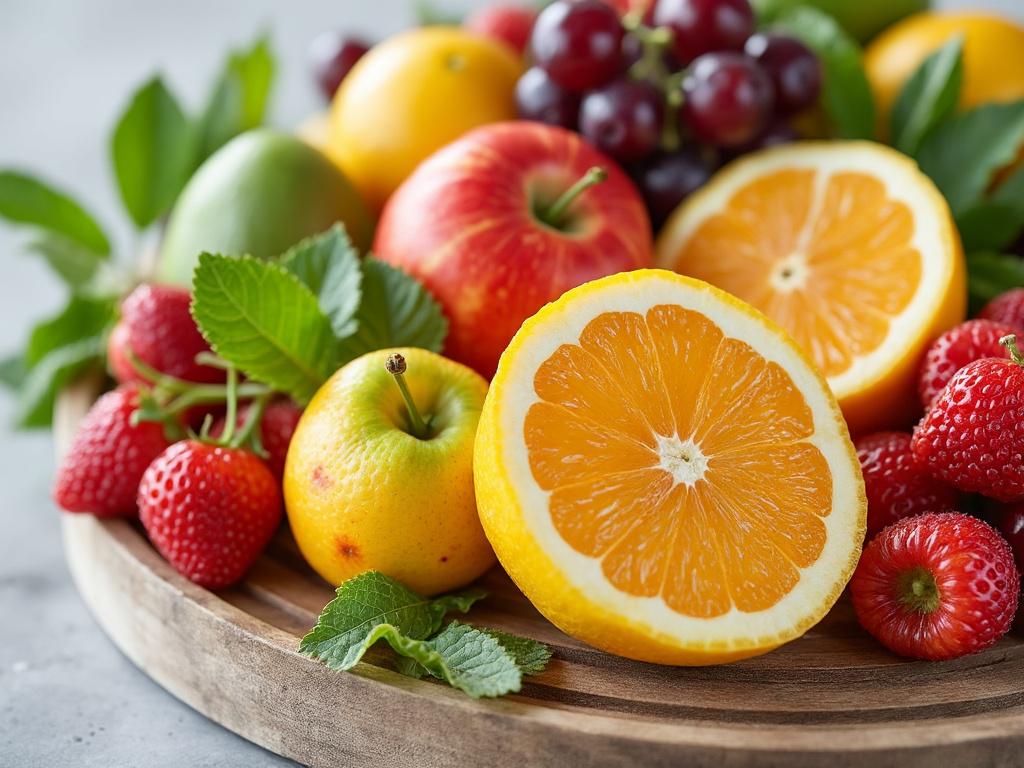 Bandeja de frutas frescas con naranja, fresas, manzana y uvas.