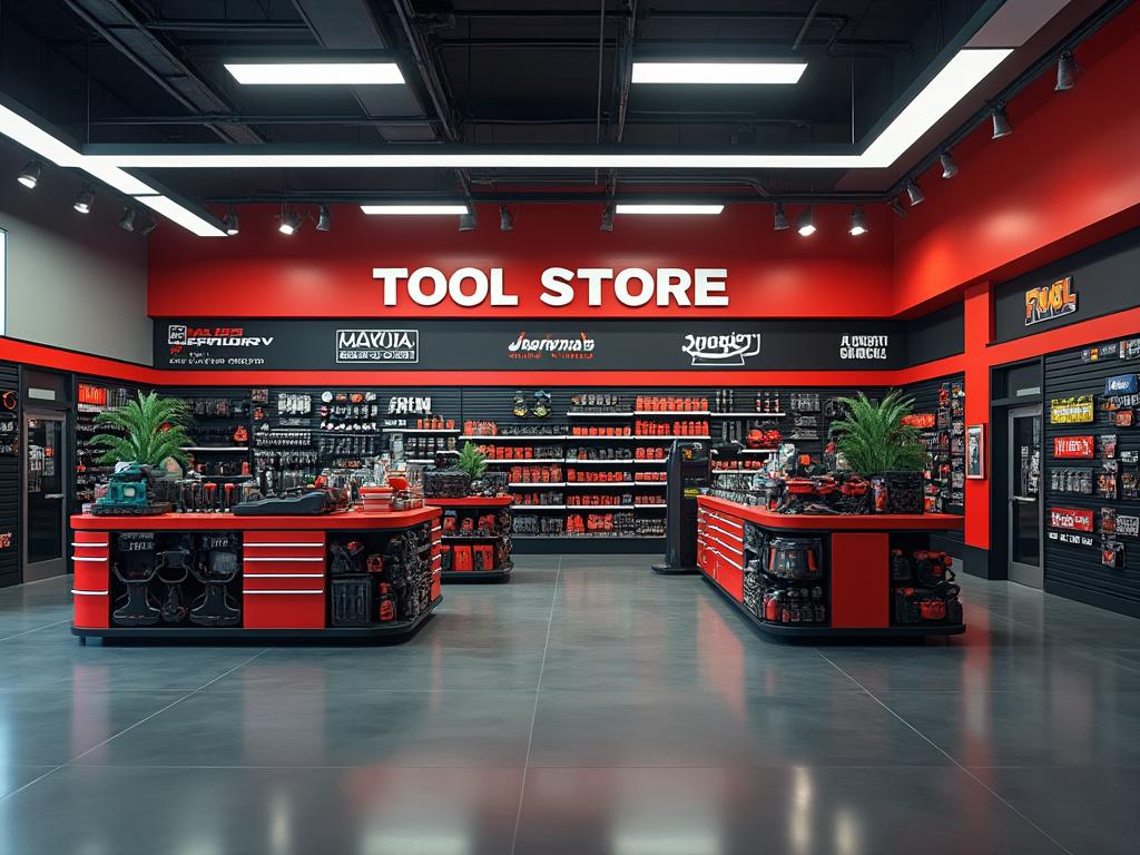 Interior de una tienda de herramientas con anaqueles llenos de productos y mostradores rojos.