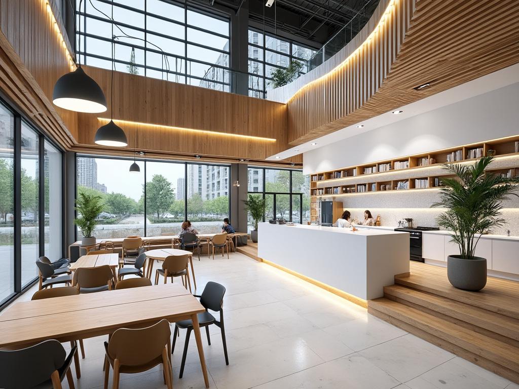 Interior moderno de cafetería con mobiliario de madera, plantas y ventanales grandes, iluminado con lámparas colgantes.