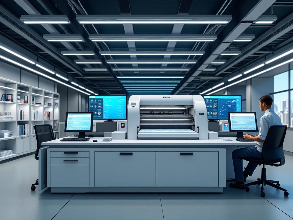 Oficina moderna con impresora industrial grande, escritorios con computadoras y una persona trabajando, estantes de libros en el fondo.