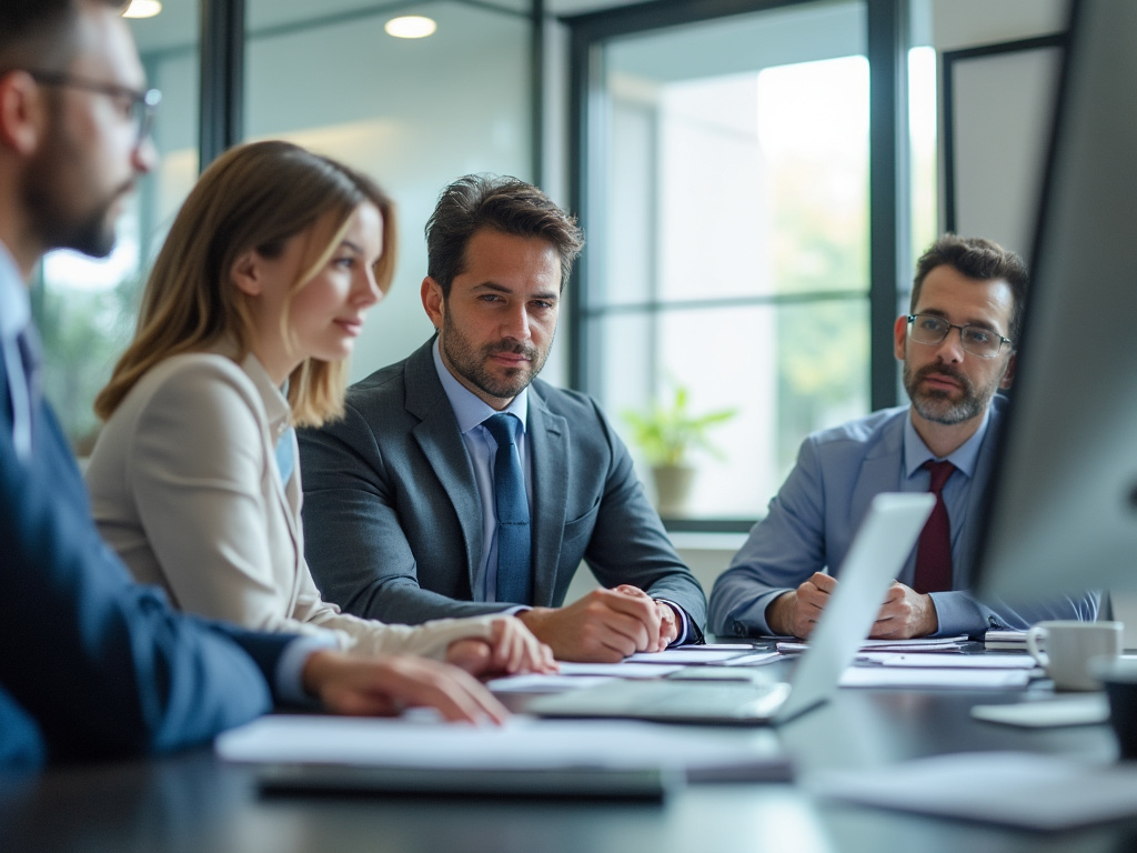 Reunión de negocio con cuatro profesionales en una sala de conferencias, trabajando y discutiendo frente a un ordenador.