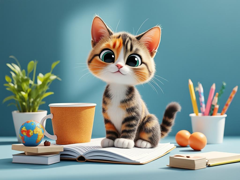 Cute cartoon kitten sitting on open book with coffee cup, globe, and colorful pencils on desk. Cute cartoon kitten sitting on open book with coffee cup, globe, and colorful pencils on desk.