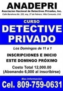 Anuncio de curso de detective privado por ANADEPRI con fechas y costos de inscripción.