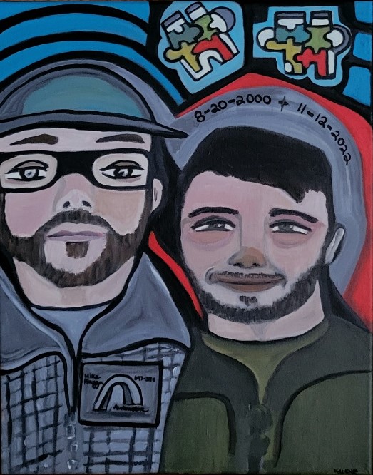 GIFT FOR REMEMBRANCE. Title Dad and son. 12 X 12 acrylic on canvas 2022. Gift