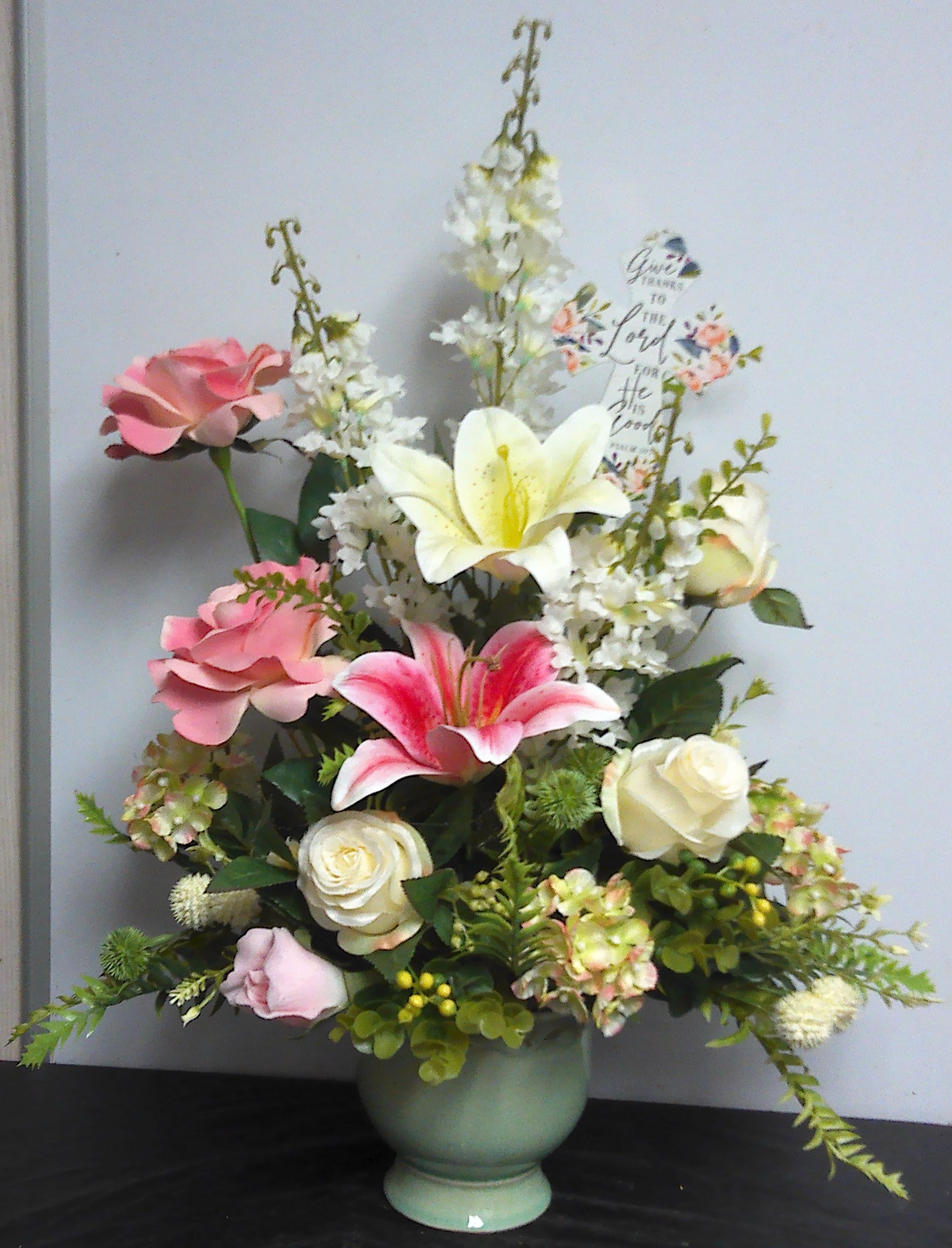 (36)  "SILK" Designer Arrangement
W/ Cross (Pink & White)
$65.00