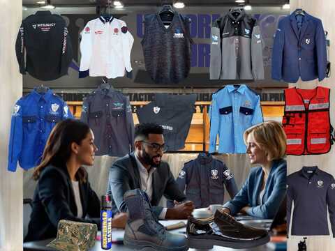 Personas discutiendo frente a una variedad de uniformes de seguridad y accesorios, como botas y chaquetas, exhibidos en un fondo de tienda. Personas discutiendo frente a una variedad de uniformes de seguridad y accesorios, como botas y chaquetas, exhibidos en un fondo de tienda.