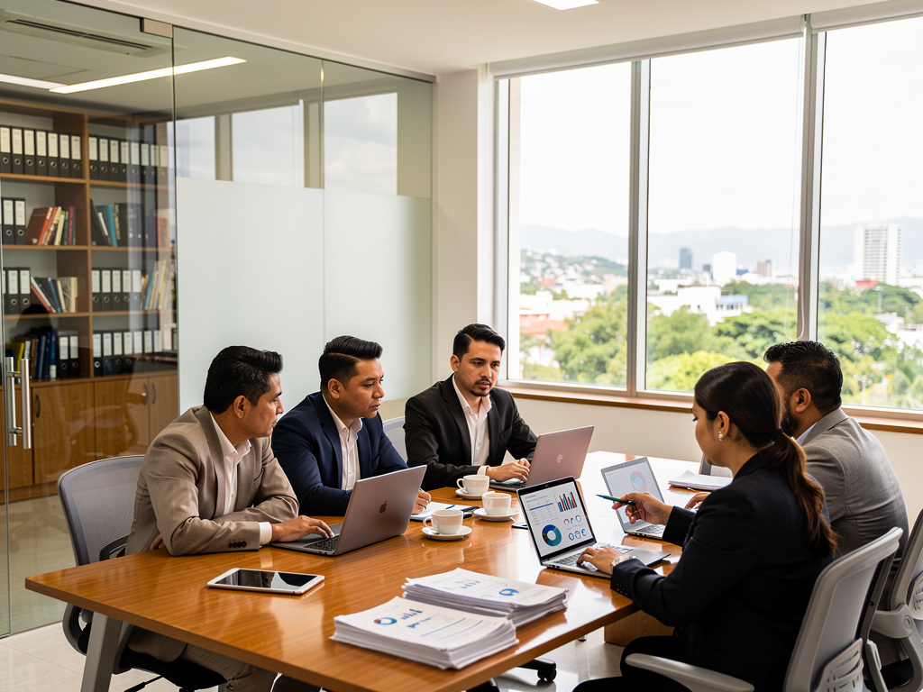 Business professionals in a modern office conference room discussing analytics reports with laptops and city view
