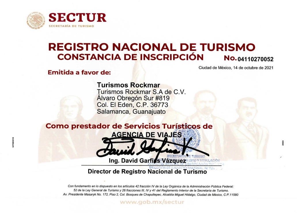 Registro Nacional de Turismo. SECTUR