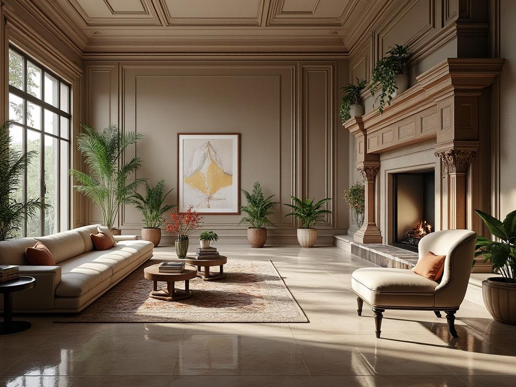 Luxurious living room with elegant sofa, lush potted plants, ornate fireplace, and large window.