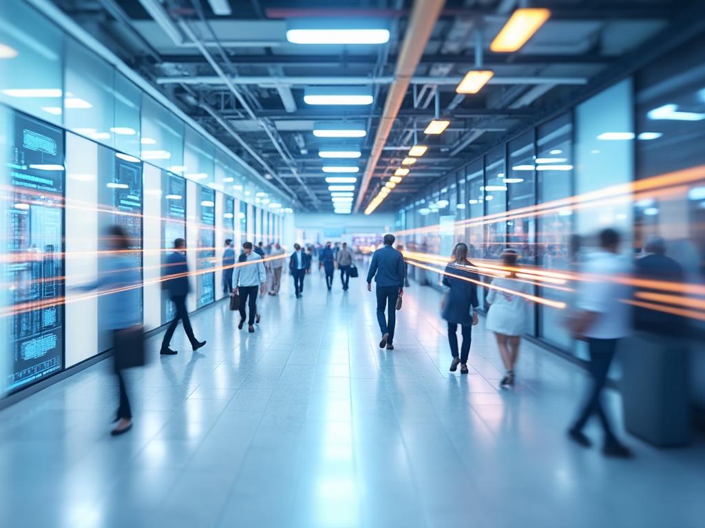 Personas caminando por un pasillo moderno con paredes de cristal y líneas de luz que sugieren movimiento.