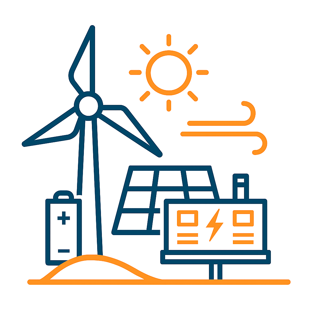 Íconos de energía renovable con turbina eólica, panel solar, sol, viento y batería.