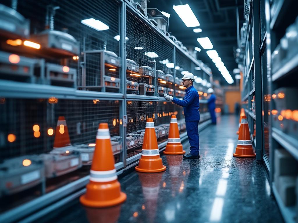 Trabajador en fábrica, revisando maquinaria alineada, rodeado de conos de seguridad naranjas, en un ambiente industrial moderno.