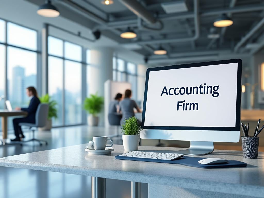 Oficina moderna de firma de contabilidad con ordenador, plantas y personas trabajando en el fondo.