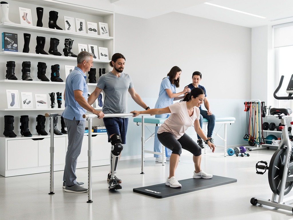 Clínica de rehabilitación con fisioterapeutas ayudando a pacientes en ejercicios, prótesis de pierna y equipos ortopédicos