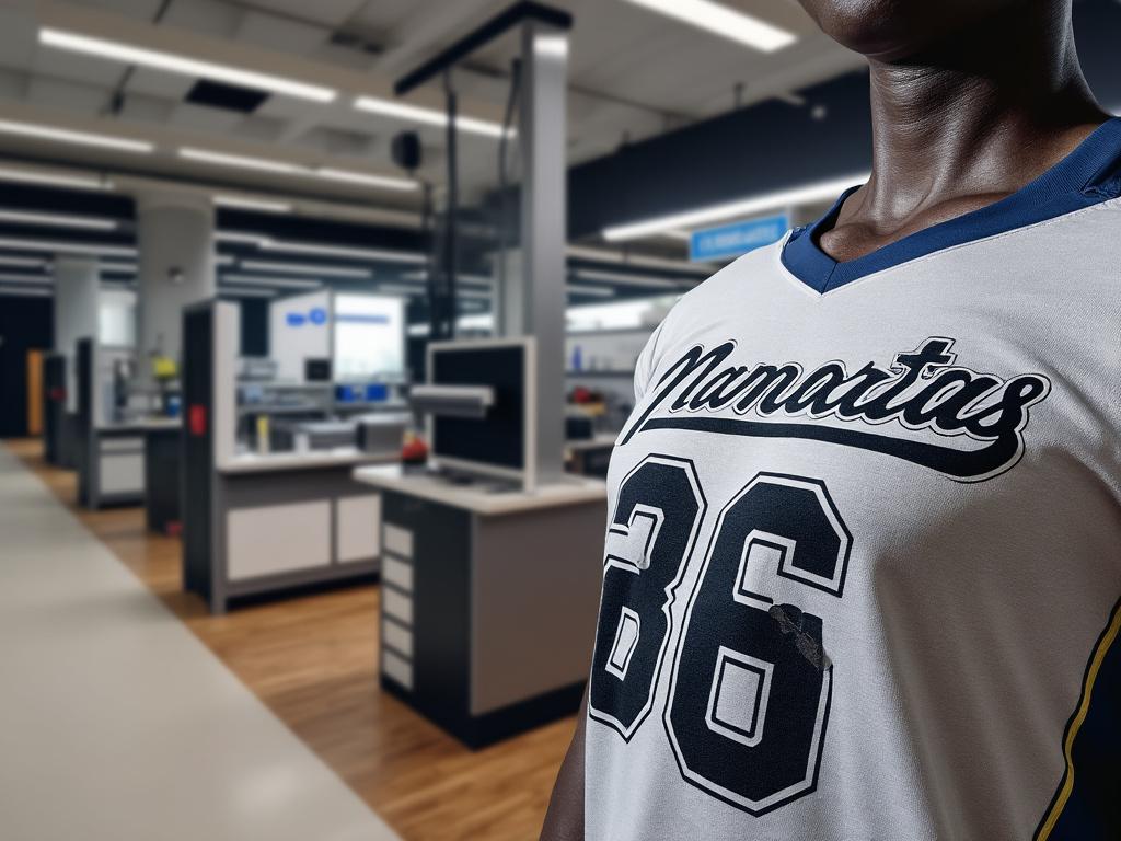 Persona con camiseta deportiva 'Mamaritas 86' en un laboratorio moderno con equipos de computación.