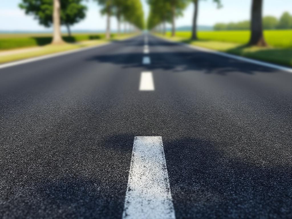 Long straight country road with clear white lines, lined with green trees and fields, under a bright blue sky.