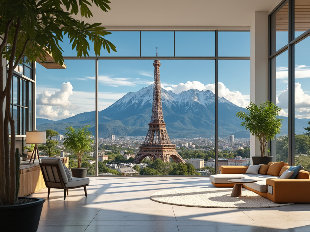 Sala moderna con grandes ventanales y vista de la Torre Eiffel y montañas nevadas al fondo.