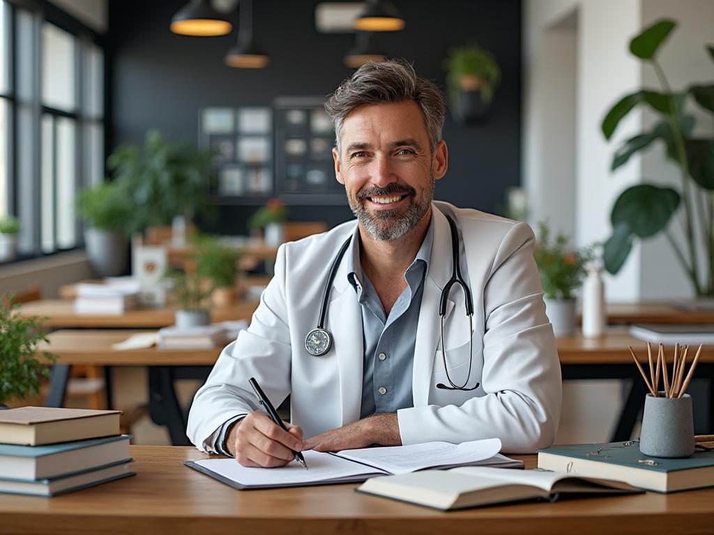 Smiling male doctor with gray hair and stethoscope, seated at a wooden desk with books and plants in a modern office setting.