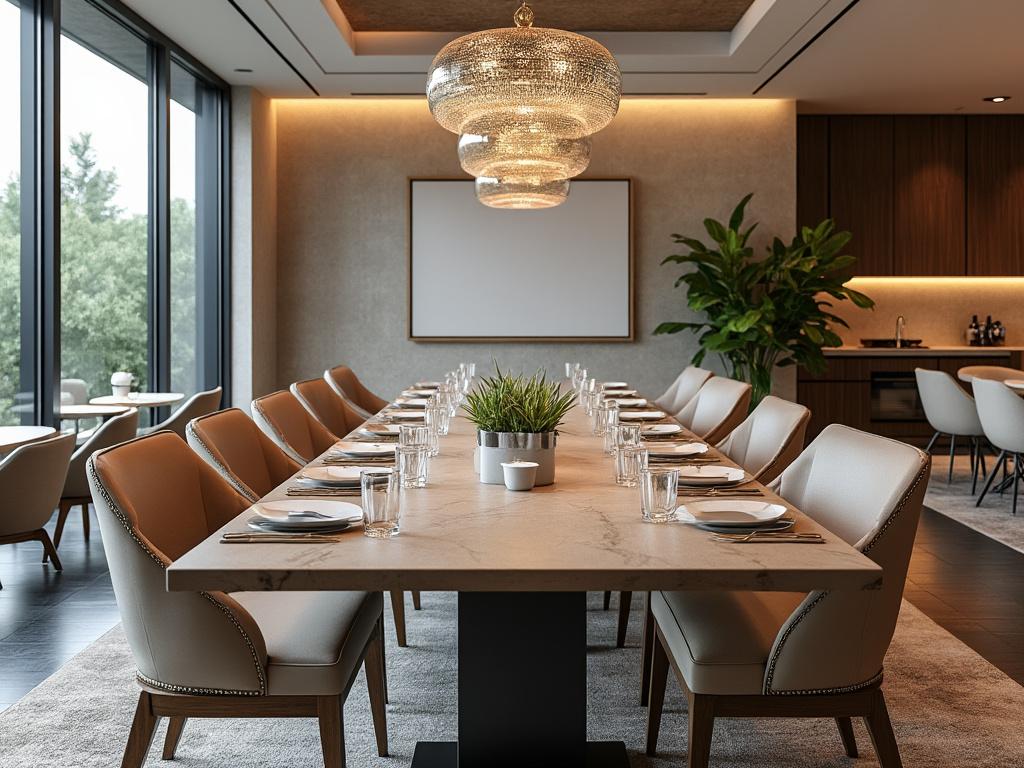 Comedor elegante con mesa larga, sillas beige, plantas y lámpara decorativa.