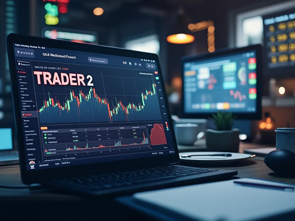 Pantalla de computadora portátil mostrando gráficos de trading en una oficina moderna, con otro monitor en segundo plano.