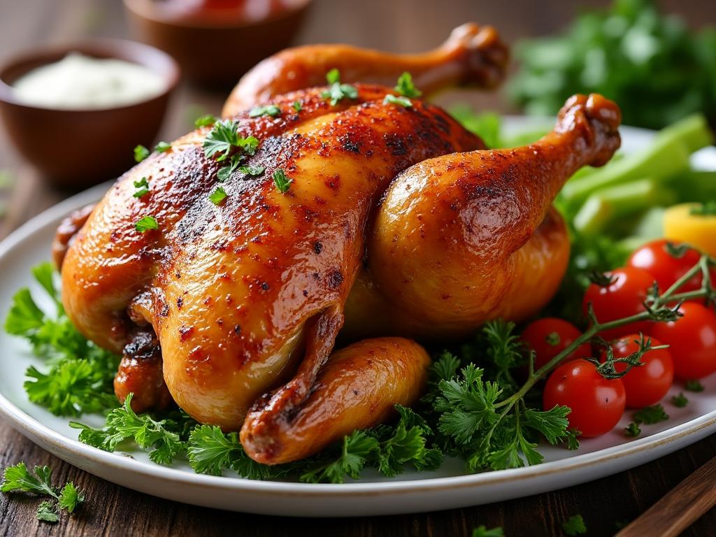 Pollo asado dorado en plato blanco, rodeado de perejil fresco y tomates cherry, con salsa en el fondo.