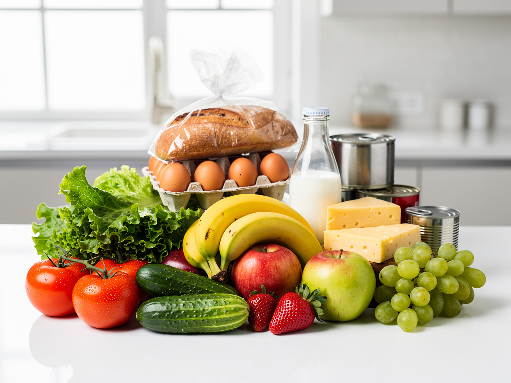 Alimentos frescos y saludables en cocina: frutas, verduras, pan, huevos, leche, queso y conservas sobre encimera