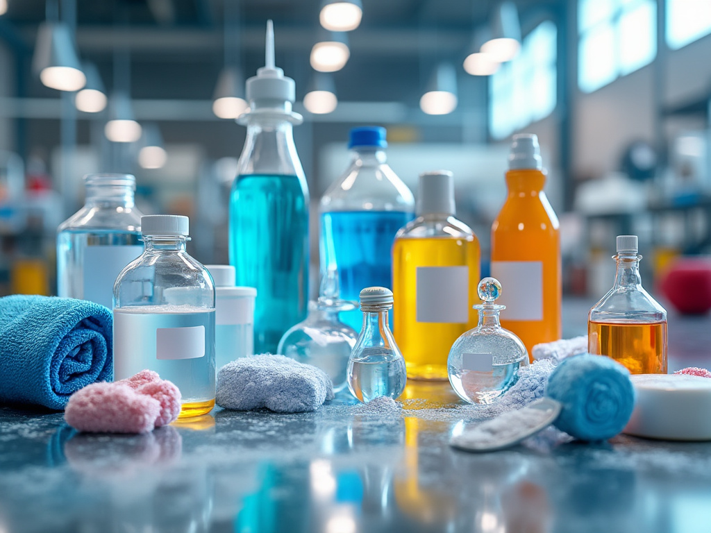 Frascos de vidrio con líquidos de colores variados y toallas en un laboratorio iluminado.