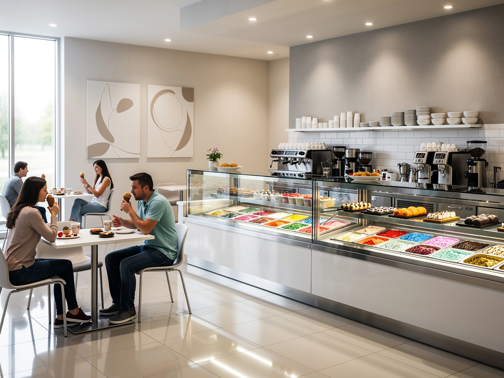 Heladería moderna con vitrinas de sabores de helado, café y clientes disfrutando postres