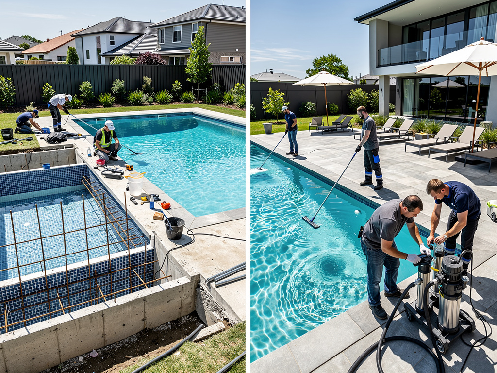 Construcción y mantenimiento de piscina residencial moderna con técnicos instalando equipos y limpiando el agua