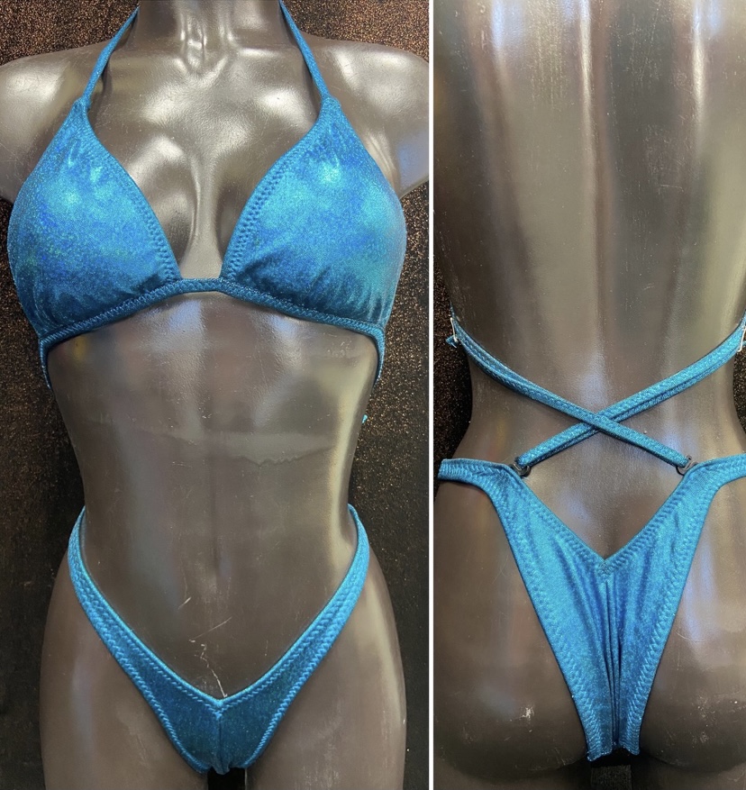 P5009 
$85
B banded top 
small front, xxsmall back 
Aqua shimmer frost 