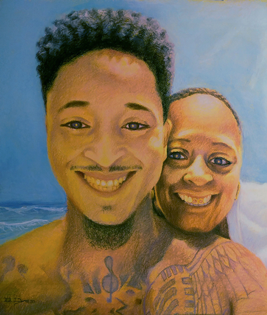 Mother and son. This painting was commissioned by the son.           pastell on yellow canson paper. 18"X24"
