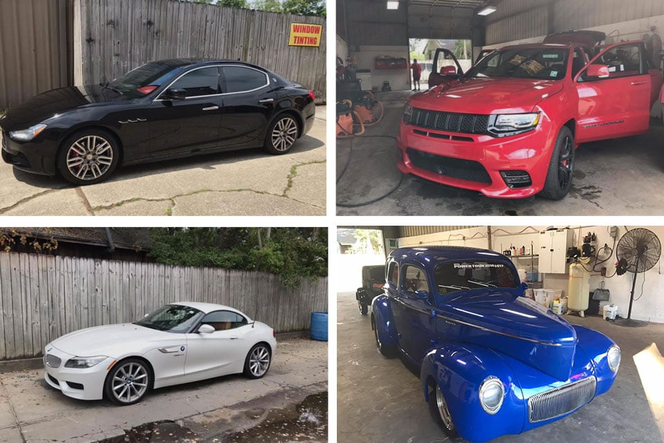 New Window Tint, Red Vehicle, Elegant White Car, Newly Cleaned Car