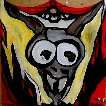 Title: Skull on wood.  Paint on wood. 11 x 11. Framed. All artwork copyrighted©. 