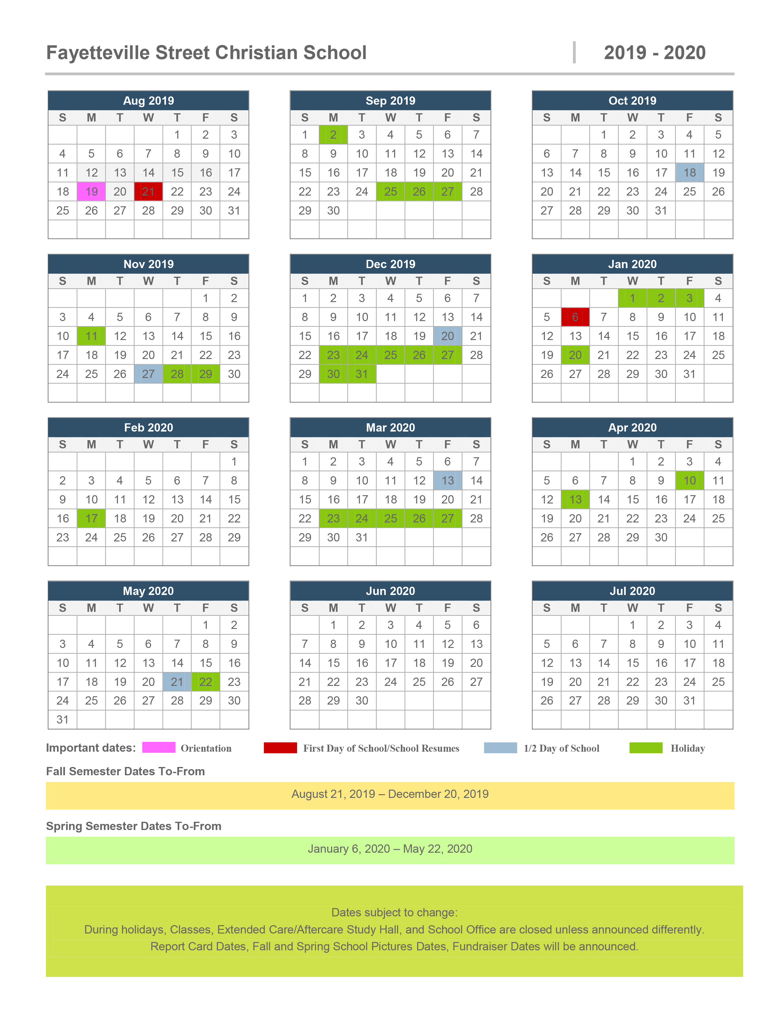 Fayetteville Street Christian School Asheboro, NC School Calendar