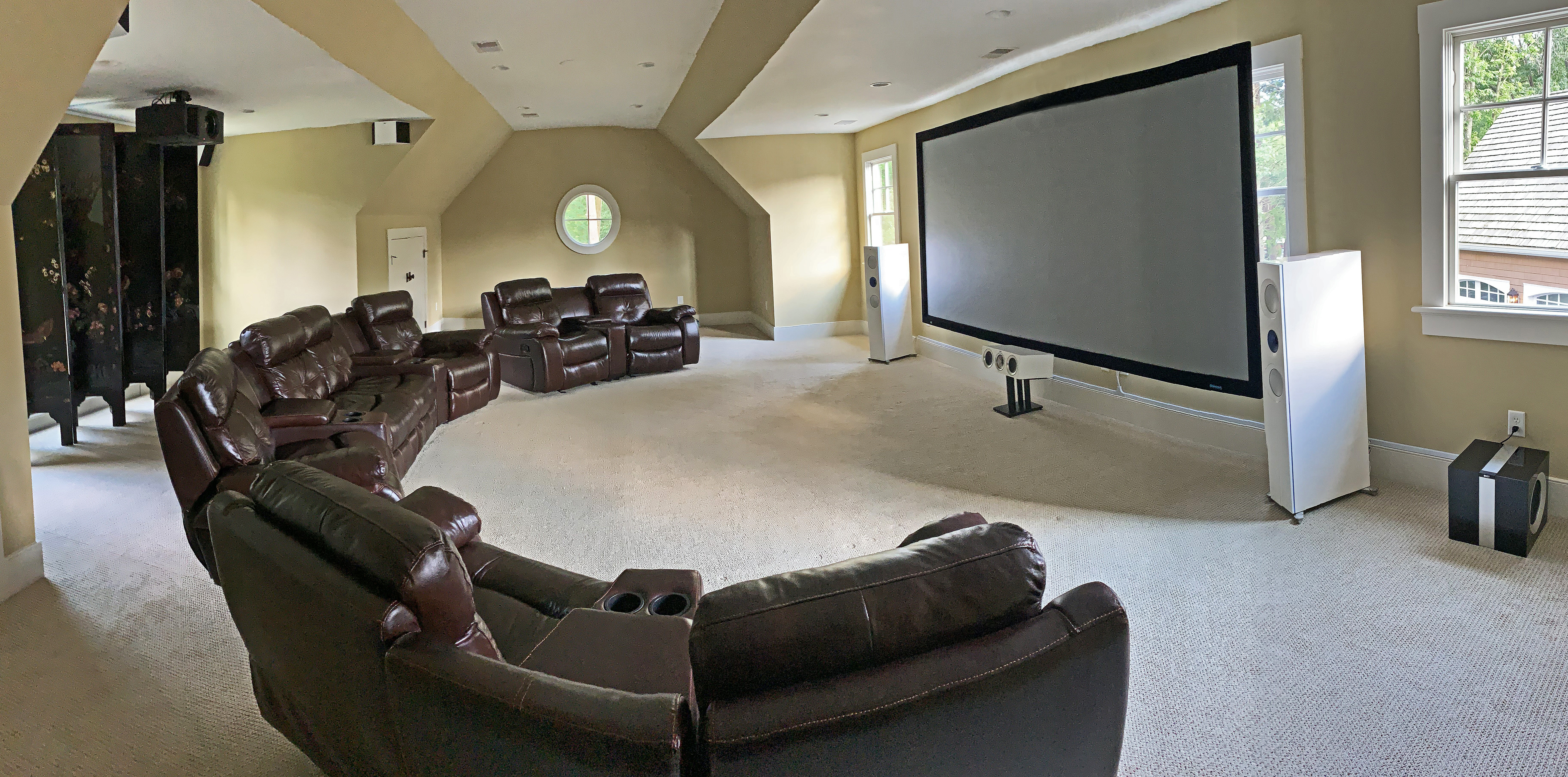 KEF speakers, JVC Projector,  Stewart Filmscreen, JBL amplification