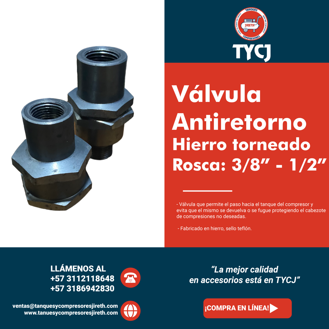 Cheque para compresor de 1/2"-3/8"-3/4" y 1"