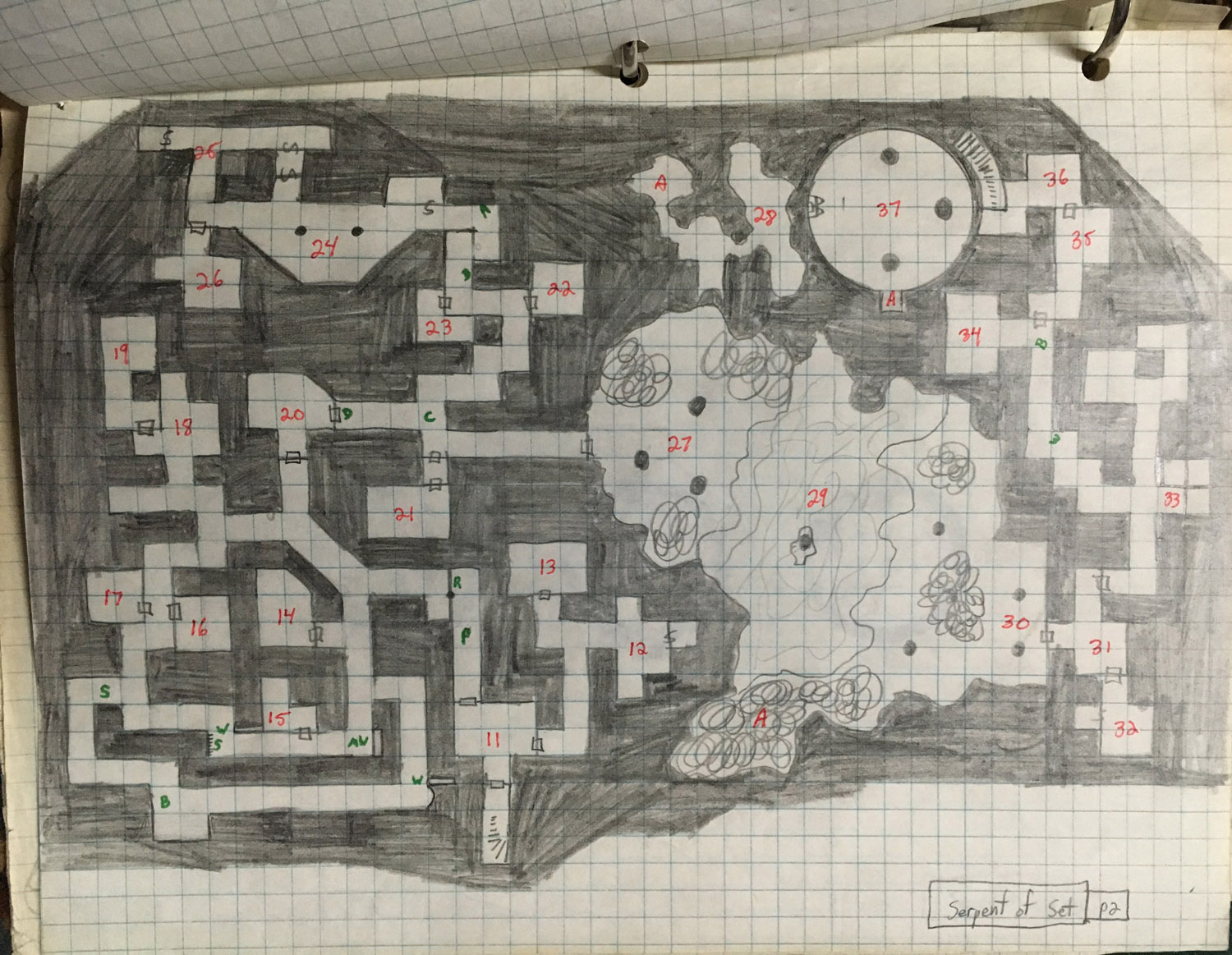 Dungeons & Dragons Map - Serpent of Set
8.5" x 11" Pencil and marker on graph paper 1981