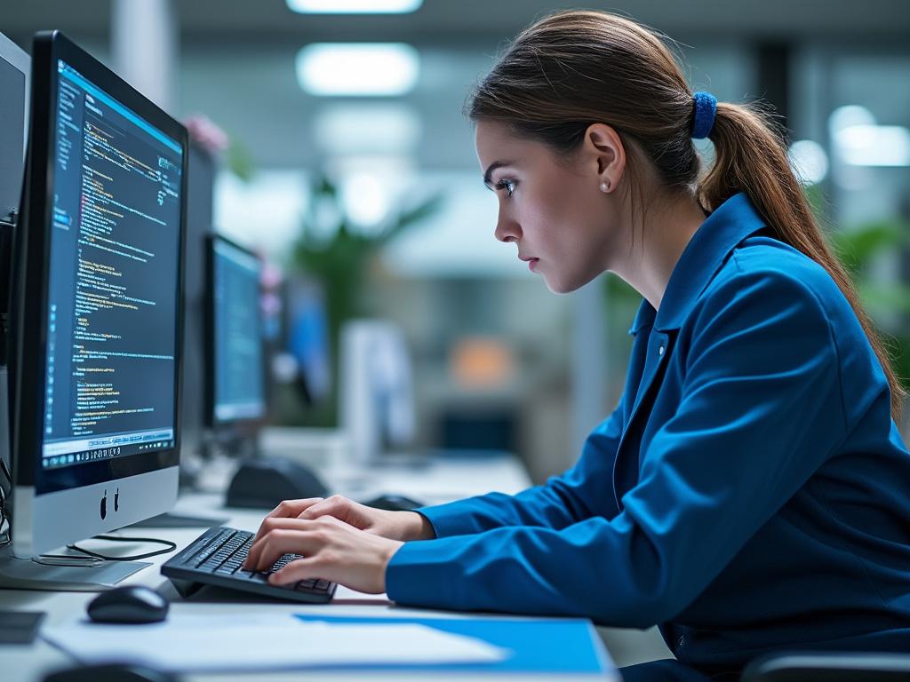 Mujer programadora trabajando en computadora con código en pantalla en oficina moderna.