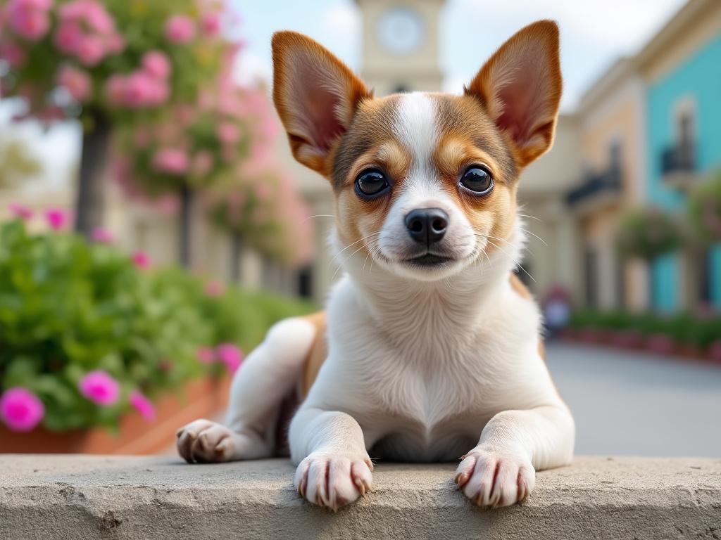 Perro sonriente sobre una mesa en unconsultorio moderno, junto a productos de salud para mascotas.