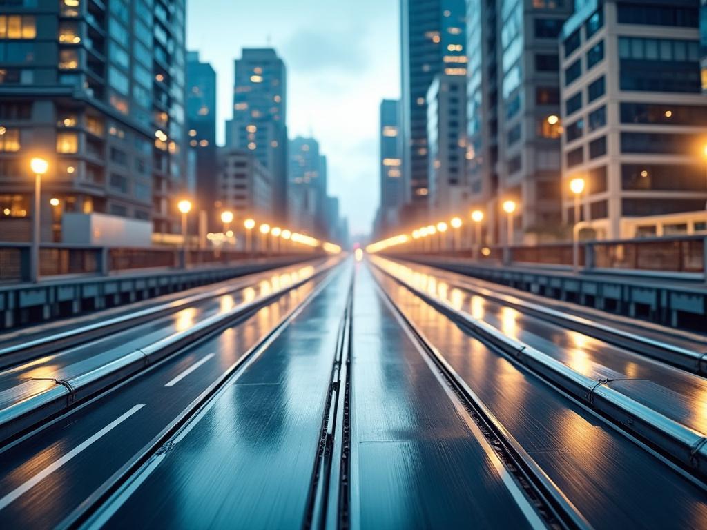 Vista urbana al amanecer con calles vacías y edificios iluminados.
